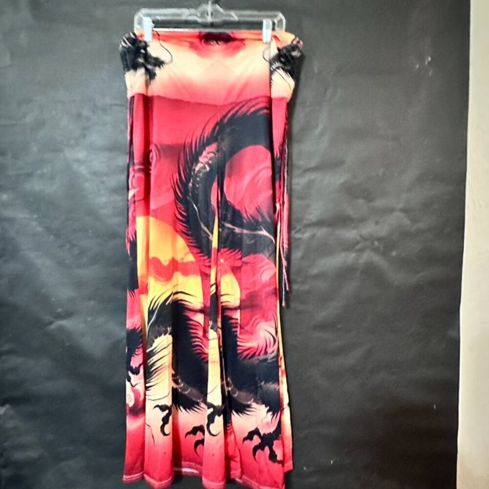 Red Sumi-E Dragon Wide Leg Size XL Watercolor Tie Dye Festival Tall Girl - Picture 3 of 8